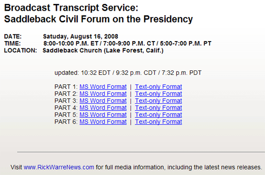 McCain and Obama at Saddleback -- Transcripts